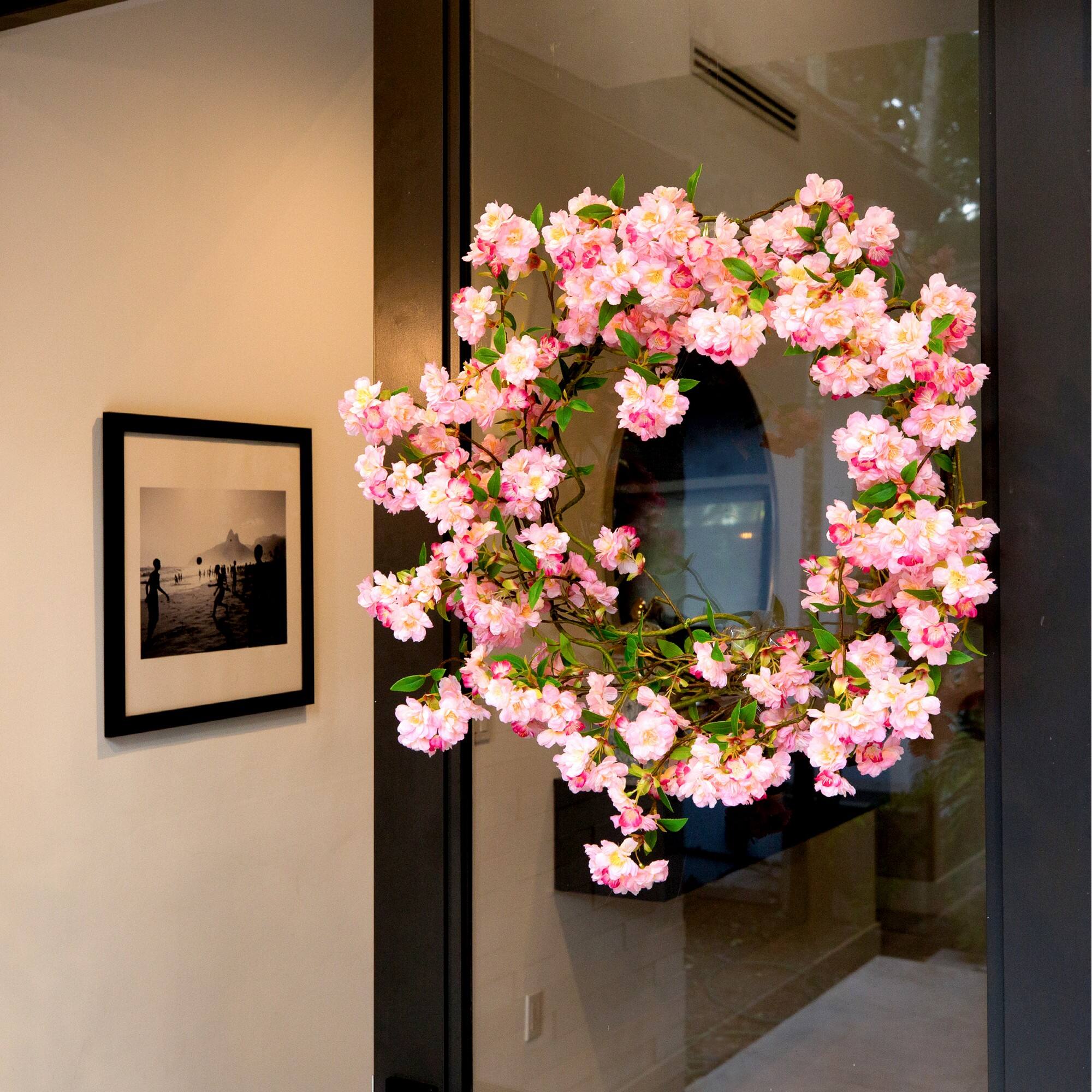 30" Artificial Pink Cherry Blossom Wreath